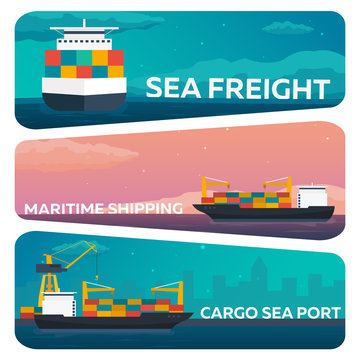 Set of Sea transportation logistic. Sea Freight. Maritime shipping. Merchant Marine. Cargo ship. Vector flat illustration.