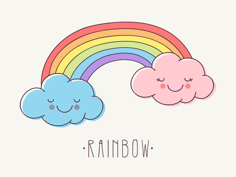 Hand Drawn Rainbow with Cute Pink and Blue Clouds.