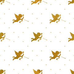 Valentines background with golden Cupids. Vector texture for web, print, wallpaper, wrapping, scrapbooking, textile, background for invitation card or holiday decor.