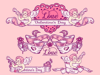 Set of Valentine's Day with hearts and angel. For greeting cards, posters, menus, party invitation, social media, web banners, wrapping paper for gifts. vintage