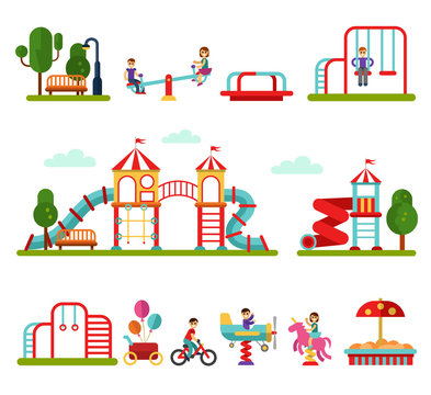 Flat design vector illustration set of playground and attractions elements for infographic design. Boys and girls on swings, slides and tube, carousel, sandpit and sandbox, ball, teeter board.