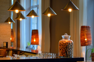 various old wine bottle corks in a glass vase