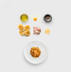 Fototapeta na wymiar Cooking ingredients for italian food, carbonara, isolated on white