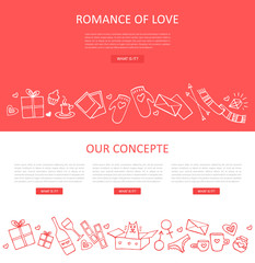 Romance of love. Website template. Traditional romantic symbols: heart shapes, gift boxes, photos, love letters. Hand-drawn line vector illustration.