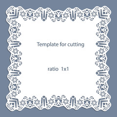 Greeting card with openwork border, paper doily under the cake, template for cutting, wedding invitation, decorative plate is laser cut, vector illustrations.