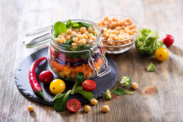 Healthy homemade chickpea and veggies salad, diet, vegetarian, vegan food