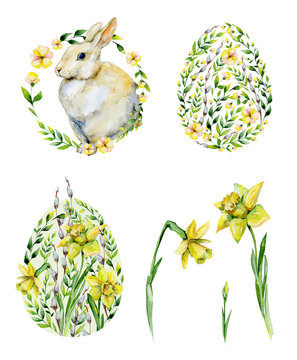 Watercolor yellow narcissus and herbs Easter egg design. Watercolor yellow flower and herbs egg. Watercolor illustration of daffodils. Watercolor rabbit with yellow flower and herbs wreath