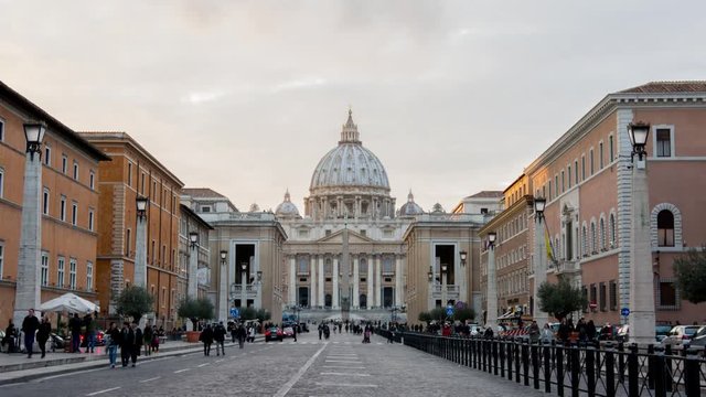 Blue hour on Saint Peter, Vatican, in Rome. Transition between day and night with turning on lights. Time lapse
