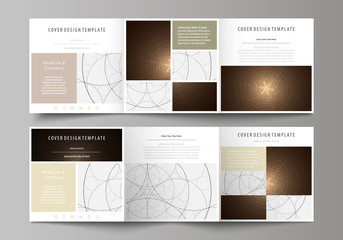 Business templates for tri fold square design brochures. Leaflet cover, abstract vector layout. Alchemical theme. Fractal art background. Sacred geometry. Mysterious relaxation pattern.