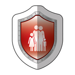 sticker metallic shield with pictogram of family nucleus vector illustration