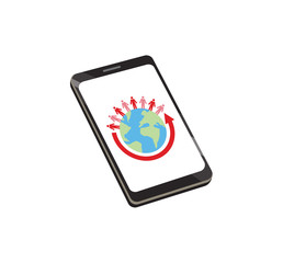 Vector image of a smartphone with a globe, people and an arrow