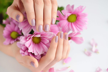 Obraz na płótnie Canvas Hands of a woman with pink manicure on nails and pink flowers on a white background