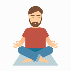Man meditating on rug.