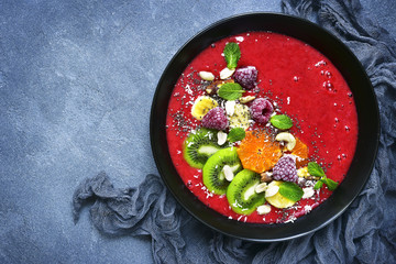 Healthy raspberry banana smoothie bowl .Top view.
