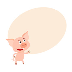 Funny little pig pointing and looking at something, cartoon vector illustration on background with place for text. Cute little pig standing on two legs, pointing and looking up, decoration element