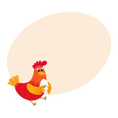 Funny cartoon red and orange chicken, hen standing and holding egg, cartoon vector illustration on background with place for text. Cute and funny colorful chicken, fire rooster