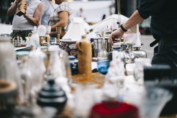 antique pans and pots at the street market in sweden