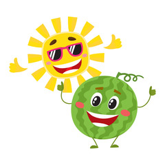 Cute and funny watermelon and sun characters, symbols of hot summer time, cartoon vector illustration isolated on white background. Happy watermelon and sun characters, summer holidays concept