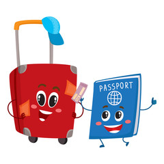 Red suitcase and passport characters, travelling, vacation concept, cartoon vector illustration isolated on white background. Suitcase and passport characters, mascots, holiday, vacation symbol