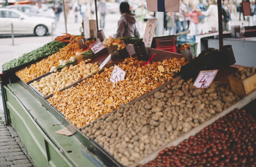 Tasty fresh chanterelles mushrooms at the street market