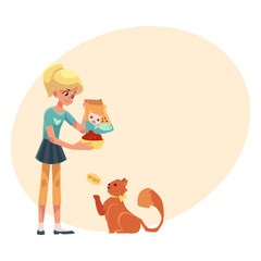 Teenage girl giving food to her fluffy red cat, cartoon vector illustration on background with place for text. Full length portrait of blond girl feeding her red, long haired cat