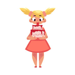 Little girl with two ponytails in pink dress holding strawberry birthday cake in two hands, cartoon vector illustration isolated on white background. Little girl holding pink iced birthday cake