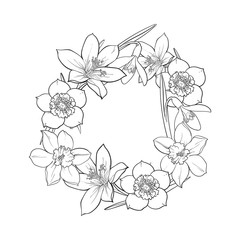Round frame of spring flowers, decoration element, sketch vector illustration isolated on white background. Hand drawn realistic early spring flowers as round frame, banner, label design