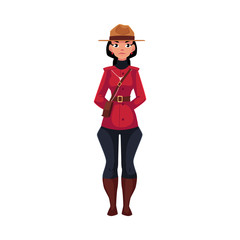 Canadian female policeman in traditional uniform - scarlet tunic and breeches, cartoon vector illustration isolated on white background. Full length portrait of Canadian mounted female policemen