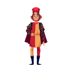 Full length portrait of young Italian man in Renaissance time costume, cartoon vector illustration isolated on white background. Medieval, Renaissance Italian man in traditional historical costume