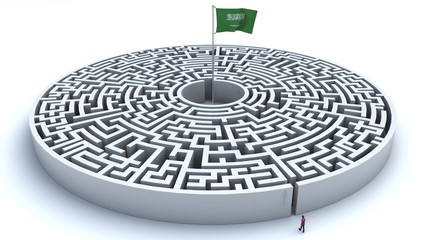 3D illustration of maze with a flag from Saudi Arabia at the center with a man trying to reach it