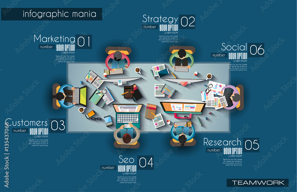 Aufkleber ideal workspace for teamwork infographic and brainstorming with flat style