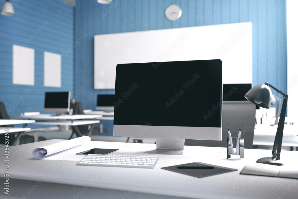 Aufkleber 3d rendering : illustration of modern interior creative designer office desktop with pc computer.com