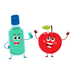 Funny dental mouthwash, mouth rinse and apple character, teeth care concept, cartoon vector illustration isolated on white background. Apple and dental mouthwash characters, good habits