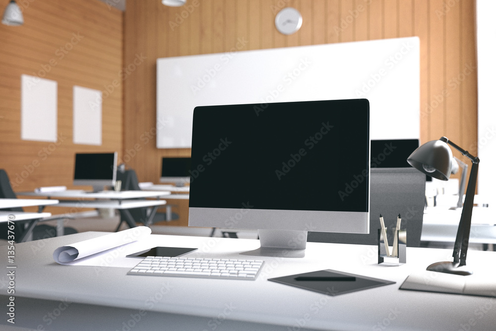 Aufkleber 3D Rendering : illustration of modern interior Creative designer office desktop with PC computer.computer labs.working place of graphic design.close-up.Mock up.shiny floor.light from outside