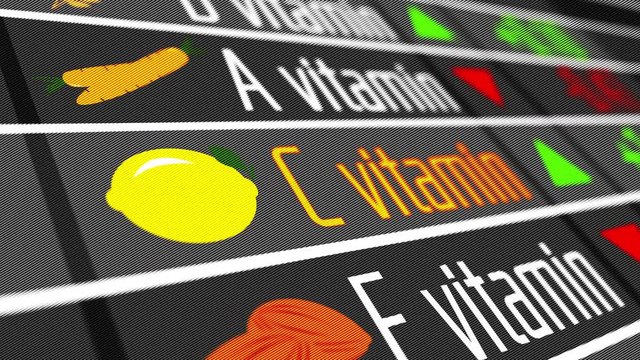 Lemon source of vitamin C. The fruit stock market panel. Natural vitamins as part of a healthy life. 4K UHD animated video seamless loop.