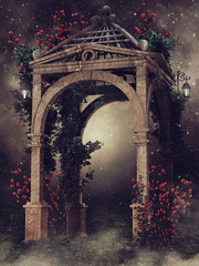 Drewniana altana z różami i lampami nocą © Obsidian Fantasy