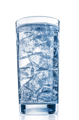 Glass with pure water and ice on white background