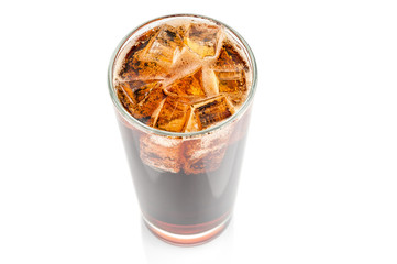 Glass with fizzy cola on white background