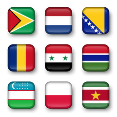 Set of world flags quadrangular badges ( Guyana . Netherlands . Bosnia and Herzegovina . Romania . Syria . Gambia . Uzbekistan . Poland . Suriname )