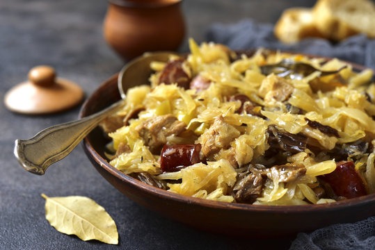 Bigos - stewed cabbage with meat,dried mushrooms and smoked saus