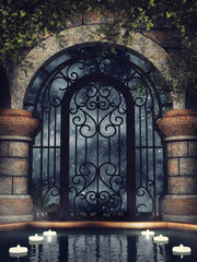 Orientalny baśniowy basen z bluszczem i pływającymi świecami © Obsidian Fantasy