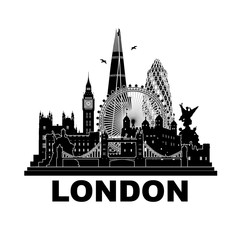 London Cityscape - vector sihlouette contour outline view skyline Wall tattoo - westminster big ben Victoria Memorial London Eye Tower Bridge Shard buckingham palace Queen Victoria Statue palace  - obrazy, fototapety, plakaty