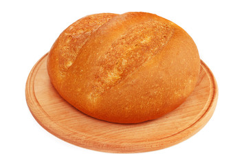 Fresh homemade bread on the wooden plate on white background