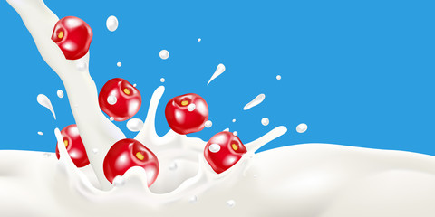 Fototapeta na wymiar Splashing milk on blue background with falling cherry
