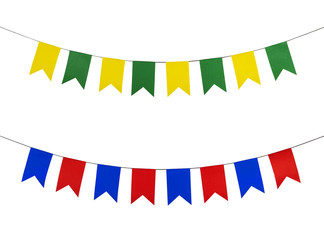 Fototapeta premium Set of flag papers hanging on the rope.On the white background.