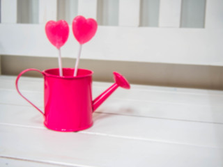 candy  heart pink in small pink watering can on a wooden white chair background
