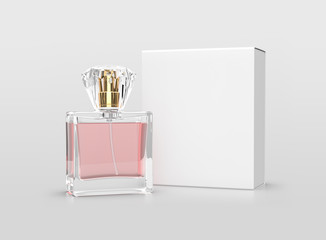 Mock up Perfume bottle with pink water and white box on white background - 135441242