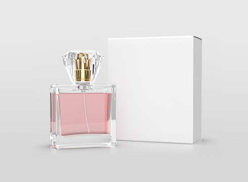 Mock up Perfume bottle with pink water and white box on white background