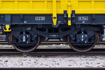 Burgas, Bulgaria - January 27, 2017 - Wheels - yellow black New 4-axled flat cars wagons Type:Res Model:072-2- Transvagon AD