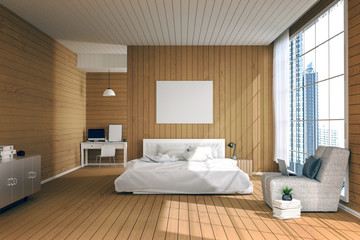 Fototapeta na wymiar 3D rendering : illustration of big spacious bedroom in soft light color.big comfortable double bed in elegant classic modern bedroom.interior design of house.modern wooden tile house